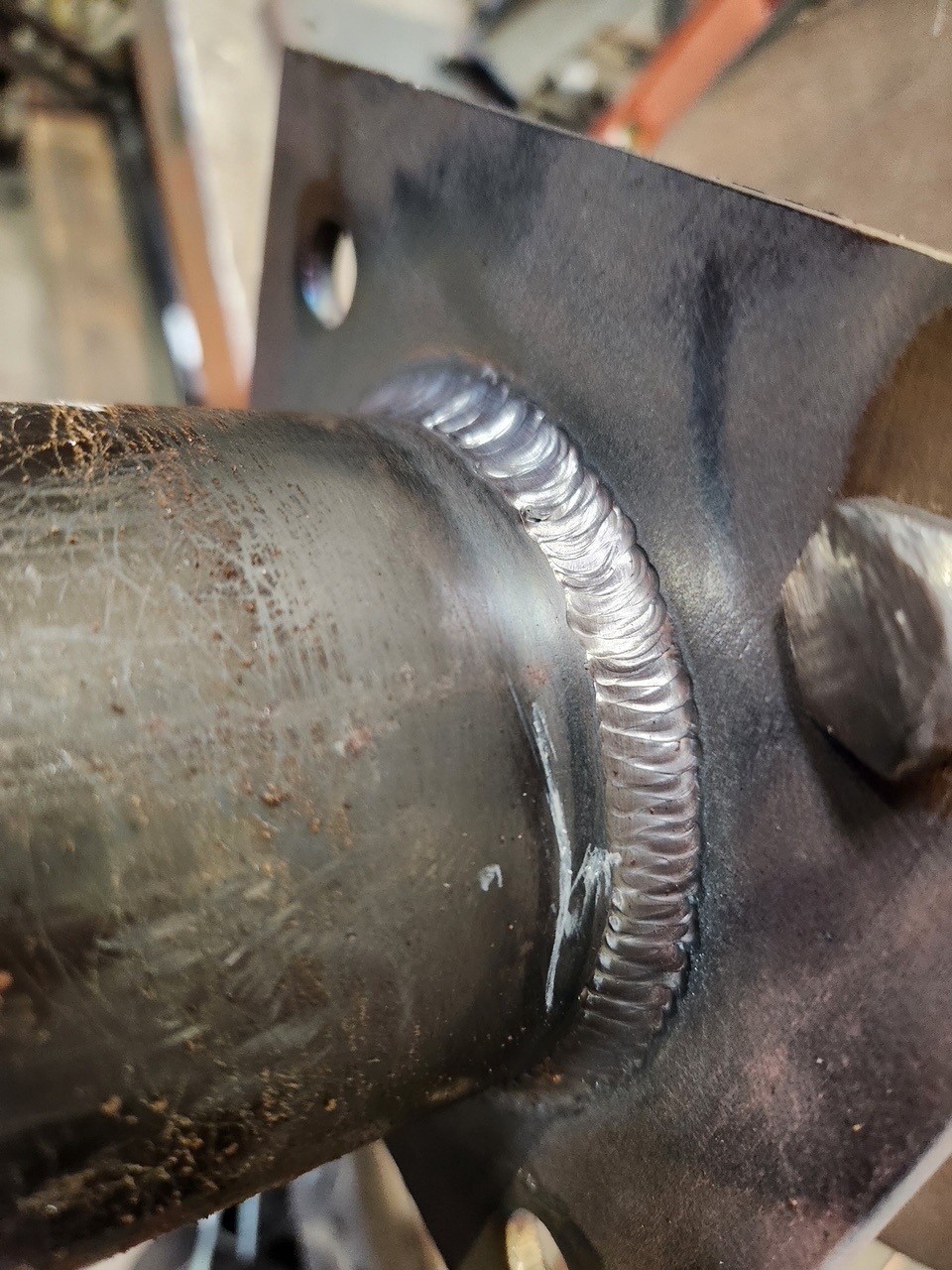 Large flange weld on industrial pipe